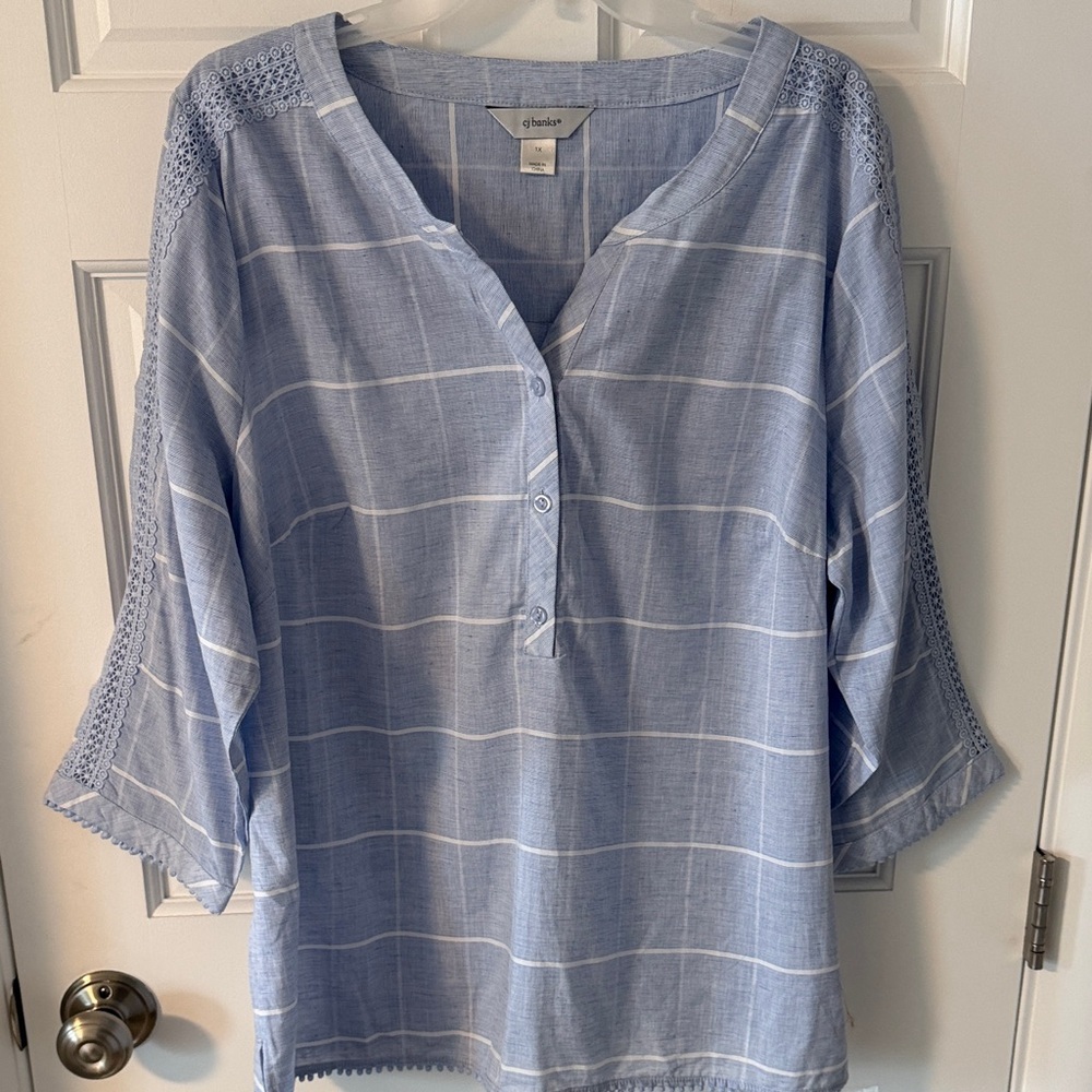 CJ Banks Linen Blend Tunic Crochet Lace Trim 3/4 sleeves Size 1X